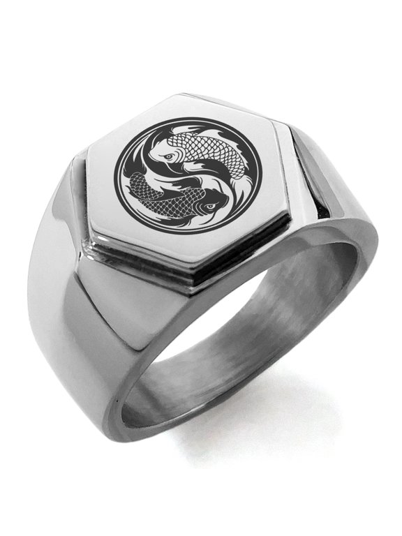 Stainless Steel Koi Fish Yin Yang Engraved Hexagon Crest Flat Top Biker Style Polished Ring