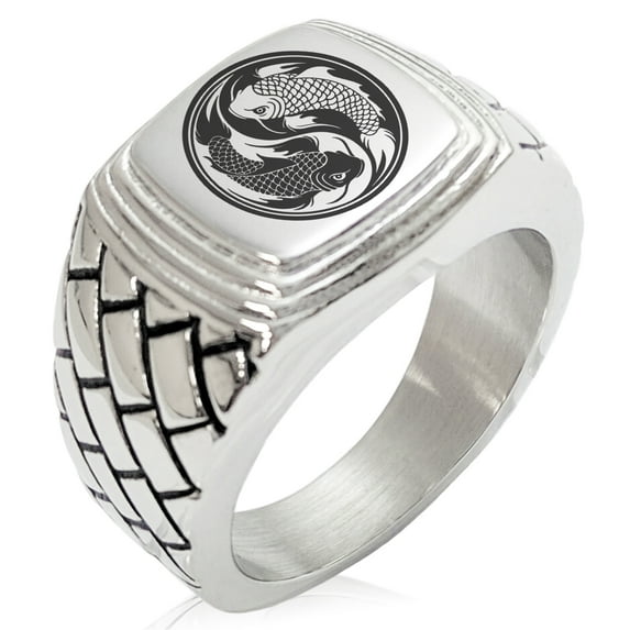 Stainless Steel Koi Fish Yin Yang Geometric Pattern Step-Down Biker Style Polished Ring