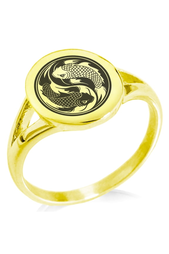 Stainless Steel Koi Fish Yin Yang Minimalist Oval Top Polished Statement Signet Ring