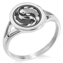 Stainless Steel Koi Fish Yin Yang Minimalist Oval Top Polished Statement Signet Ring