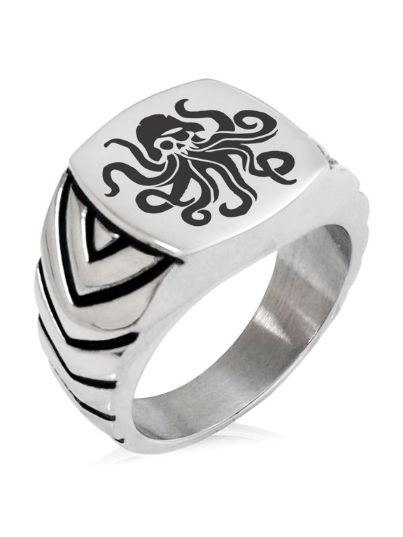 Stainless Steel Kraken Octopus Pirate Skull Chevron Pattern Biker Style Polished Ring