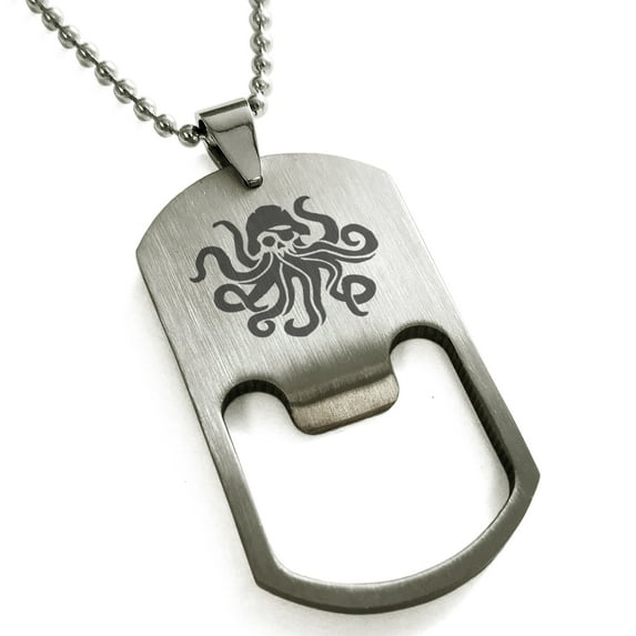 Stainless Steel Kraken Octopus Pirate Skull Engraved Bottle Opener Dog Tag Pendant Necklace