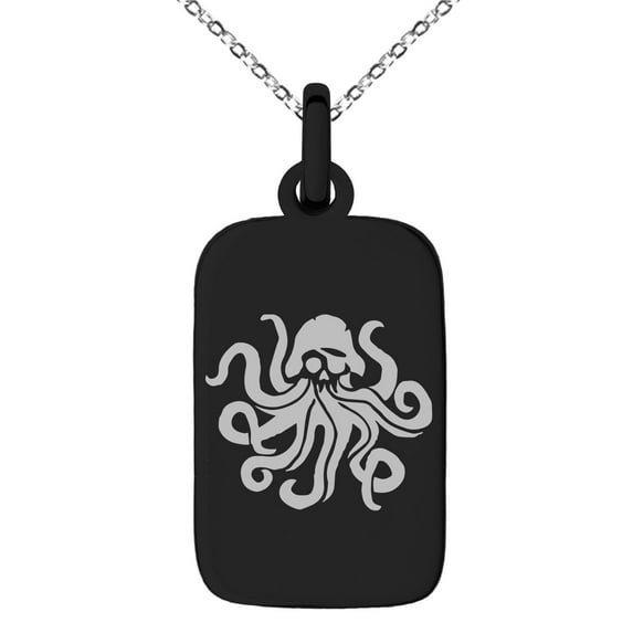 Stainless Steel Kraken Octopus Pirate Skull Engraved Small Rectangle Dog Tag Charm Pendant Necklace