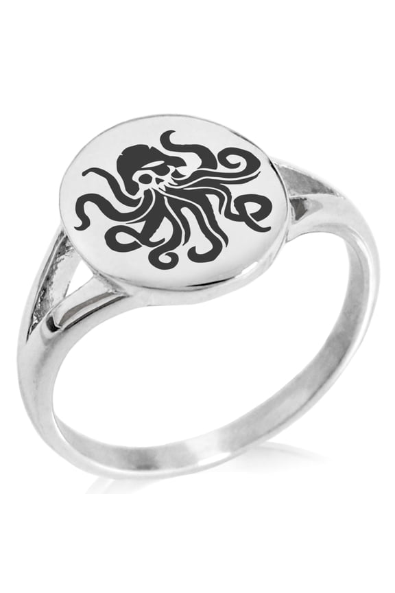 Stainless Steel Kraken Octopus Pirate Skull Minimalist Oval Top Polished Statement Signet Ring