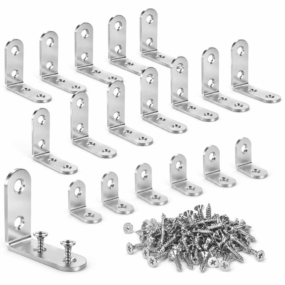 Stainless Steel L Bracket Corner Brace Kit, 20 Pack with 60 Screws, 2 Sizes 90 Degree Right Angle Brackets for Wood Shelves, Furniture, Cabinet Drawer, and Chair Repair