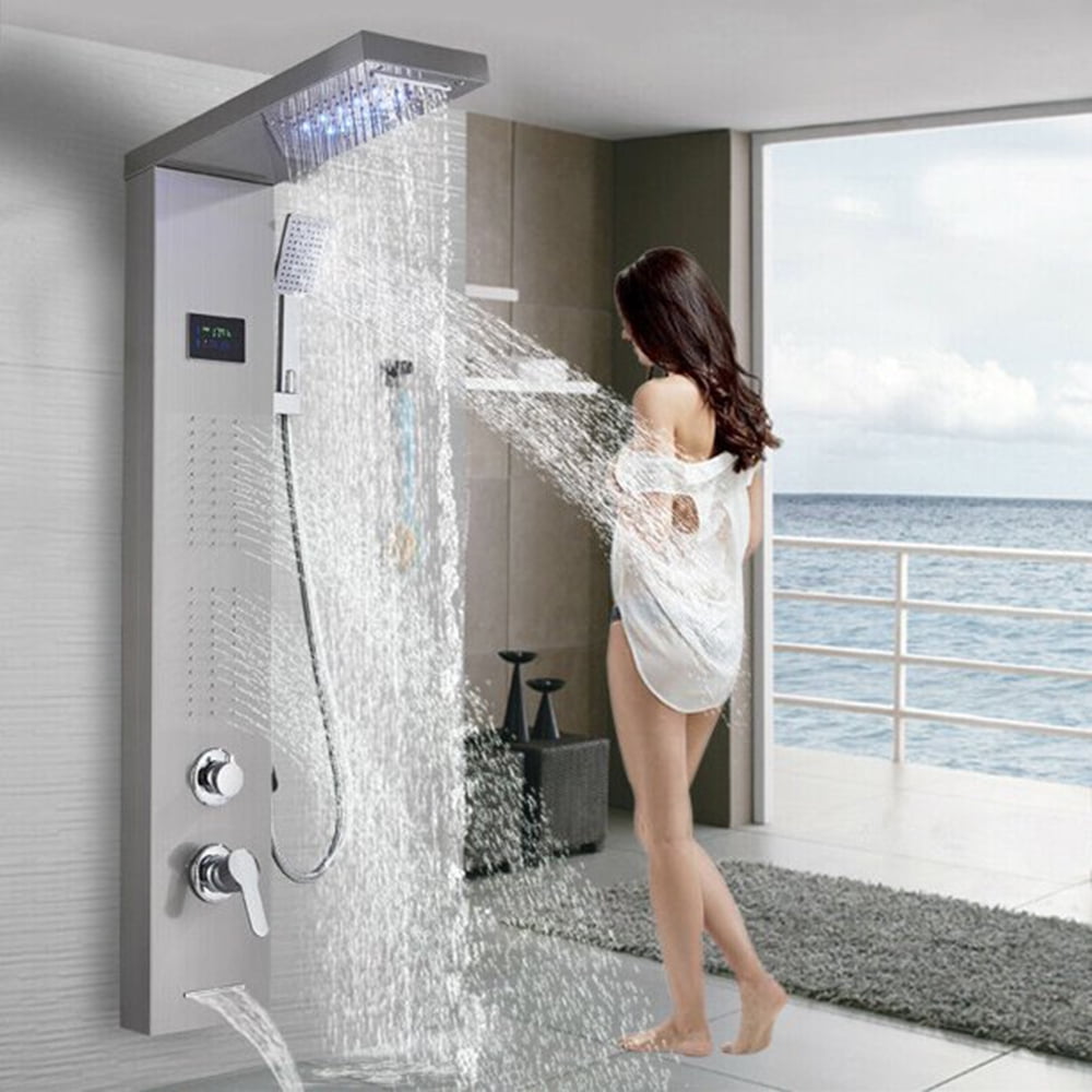 Colonne De Douche LED Votamuta En Acier Inoxydable Brossé - Système De Douche Avec Cascade Et Jets Massants - Neuve