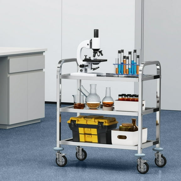 Stainless Steel Lab Cart with 3 Shelves, 400 lb Weight Capacity, Locking Universal Wheels, for Medical Clinic Kitchen Salon, Rolling Utility Cart