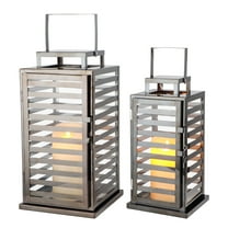 Stainless Steel Lantern Set of 2, 15 &12" Decorative Candle Lanterns with Tempered Glass Panels, Indoor & Outdoor