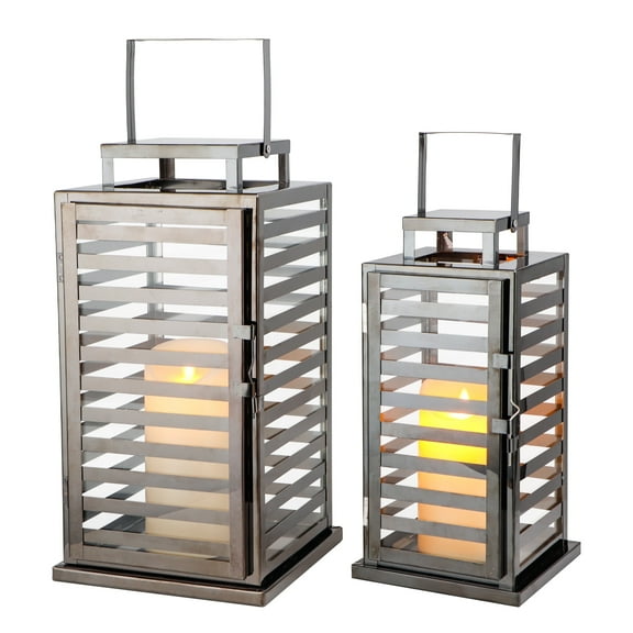 Stainless Steel Lantern Set of 2, 15 &12" Decorative Candle Lanterns with Tempered Glass Panels, Indoor & Outdoor