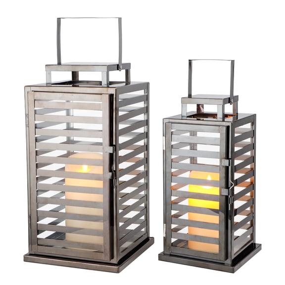 Stainless Steel Lantern Set of 2, 15 &12" Decorative Candle Lanterns with Tempered Glass Panels, Indoor & Outdoor