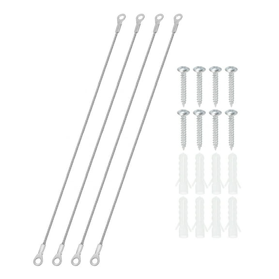 Stainless Steel Lanyard Cable with Eyelets 0.08" x 12" 2mm x 30cm Lock Security Wire Rope with Mounting Screws, 4 Pack