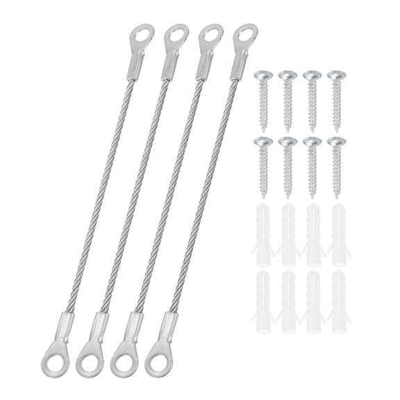 Stainless Steel Lanyard Cable with Eyelets 0.08" x 4" 2mm x 10cm Lock Security Wire Rope with Mounting Screws, 4 Pack