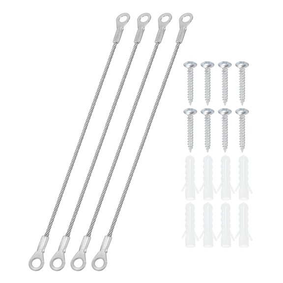 Stainless Steel Lanyard Cable with Eyelets 0.08" x 8" 2mm x 20cm Lock Security Wire Rope with Mounting Screws, 4 Pack