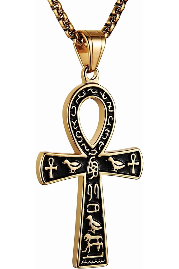 Stainless Steel Large Ankh Cross Pendant Ancient Egyptian Hieroglyphic Symbol 22+2 Inch Chain