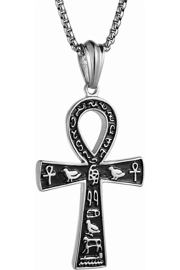 Stainless Steel Large Ankh Cross Pendant Ancient Egyptian Hieroglyphic Symbol 22+2 Inch Chain