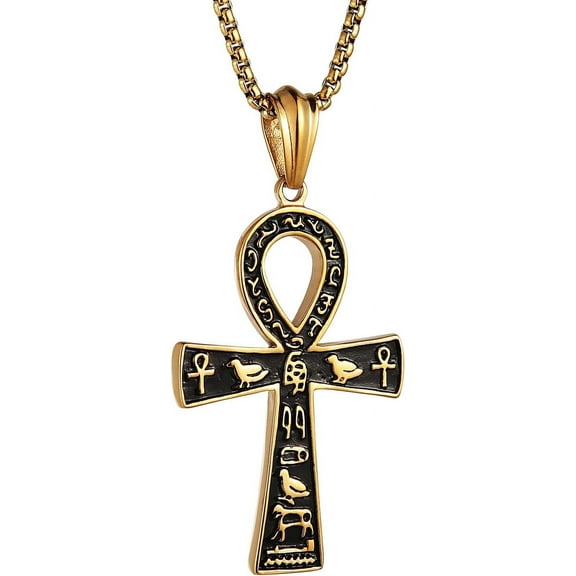 Stainless Steel Large Ankh Cross Pendant Necklace Ancient Egyptian Hieroglyphic Symbol 22+2 Inch Chain Jewelry Gift