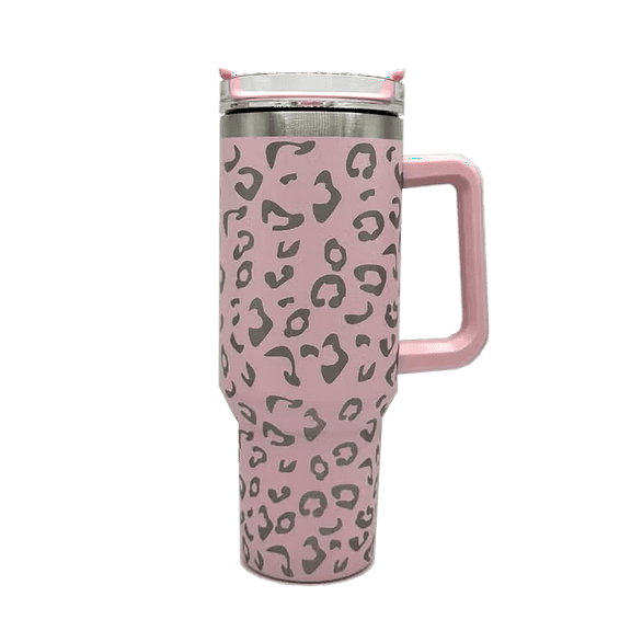Stainless Steel Large Capacity 40 oz. Vacuum Insulated Cup Leopard Print Tumbler With Handle, Light Pink Leopard