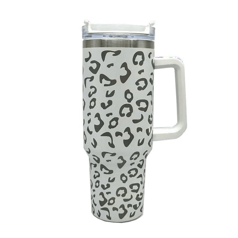 Katydid Stainless Steel Large Capacity 40 oz. Vacuum Insulated Cup Printed  Tumbler With Handle, White Metallic Leopard 