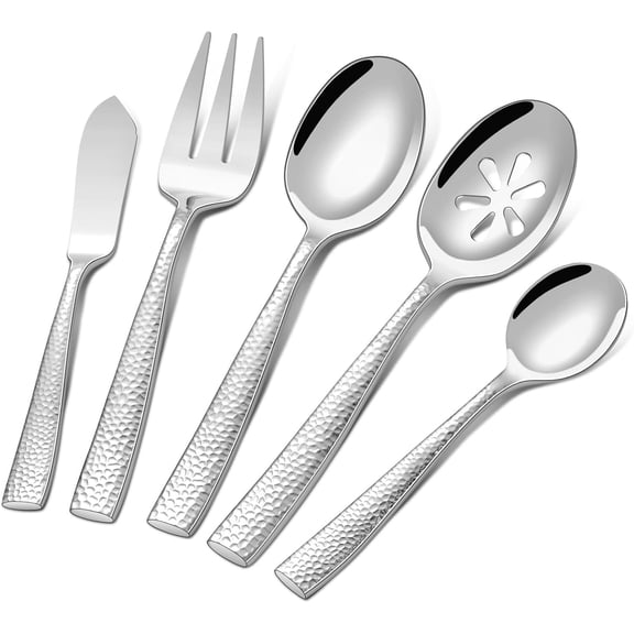 Stainless Steel Large Serving Utensil Set with Hammered Serving Spoon,Slotted, Fork,Butter ,Sugar Spoon Hostess Serving Utensil Set for Parties,Buffet,Dishwasher Safe