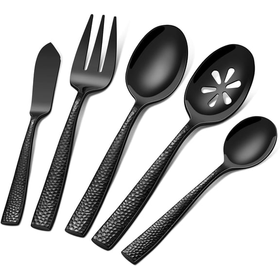 Stainless Steel Large Serving Utensils with Hammered Serving Spoon, Slotted, Serving Fork,Butter ,Sugar Spoon Hostess Black Serving Utensil Set for Parties,Buffet,Dishwasher Safe