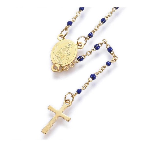 Stainless Steel Gold Blue Lariat Enamel Cross Virgin Bead Chain Necklace 17 Inch Lobster Clasp A210