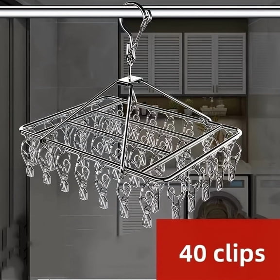 Stainless Steel Laundry Hanger Clothes Rack with 40 Anti-Wind Rotary Utility Hooks Windproof Drying Stand for Indoor/Outdoor Use