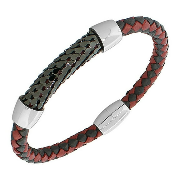 Stainless Steel Leather Red Black Silver-Tone Braided Men's Bracelet