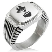 Stainless Steel Legendary Blackbeard Pirate CZ Ribbed Needle Stripe Pattern Biker Style Polished Ring