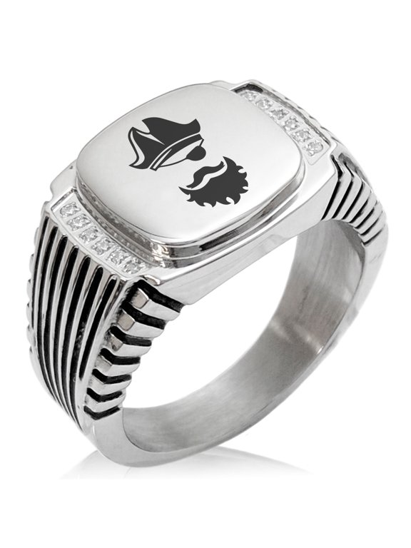 Stainless Steel Legendary Blackbeard Pirate CZ Ribbed Needle Stripe Pattern Biker Style Polished Ring