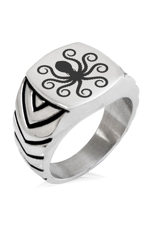 Stainless Steel Legendary Kraken Chevron Pattern Biker Style Polished Ring
