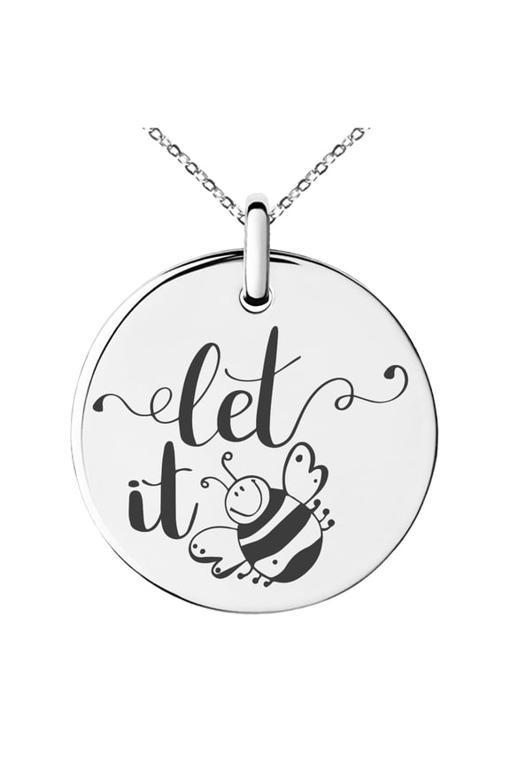 Stainless Steel Let it Bee Engraved Small Medallion Circle Charm Pendant Necklace
