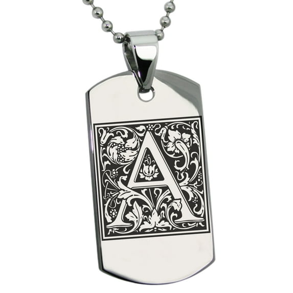 Tioneer Stainless Steel Letter A Initial Floral Box Monogram Engraved Engraved Dog Tag Pendant Necklace