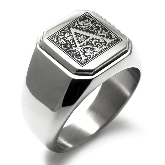 Tioneer Stainless Steel Letter A Initial Floral Box Monogram Engraved Engraved Square Flat Top Biker Style Polished Signet Ring