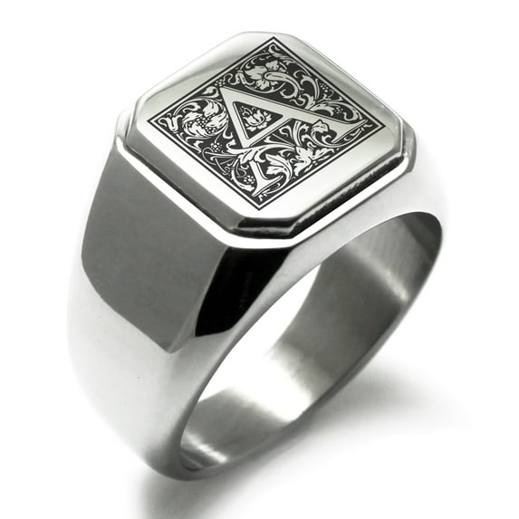 Stainless Steel Letter A Initial Floral Box Monogram Engraved Engraved Square Flat Top Biker Style Polished Signet Ring