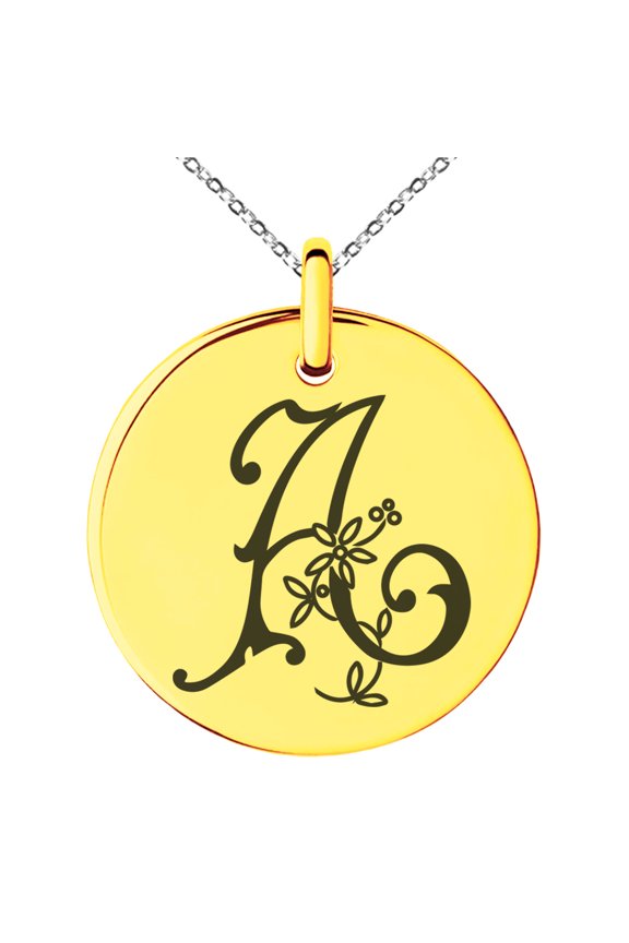 Stainless Steel Letter A Initial Floral Monogram Engraved Small Medallion Circle Charm Pendant Necklace