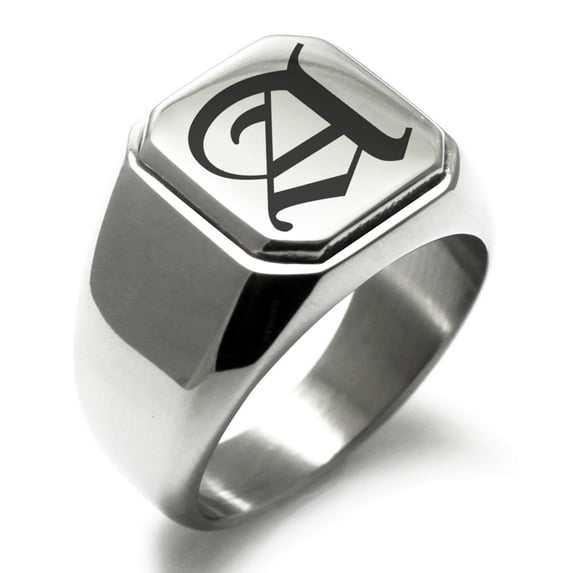 Tioneer Stainless Steel Letter A Initial Old English Monogram Engraved Engraved Square Flat Top Biker Style Polished Signet Ring