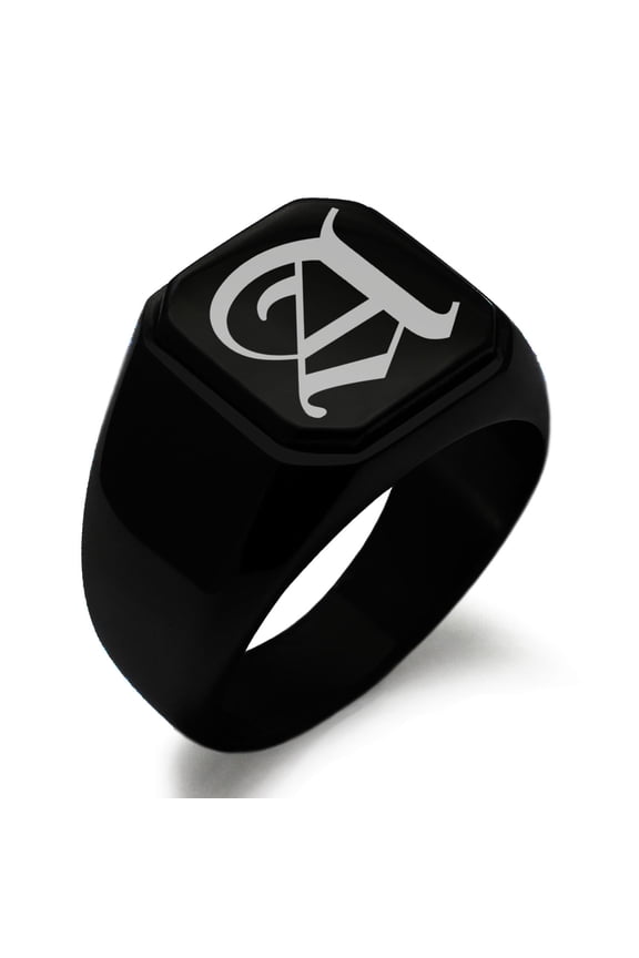 Stainless Steel Letter A Initial Old English Monogram Engraved Engraved Square Flat Top Biker Style Polished Signet Ring