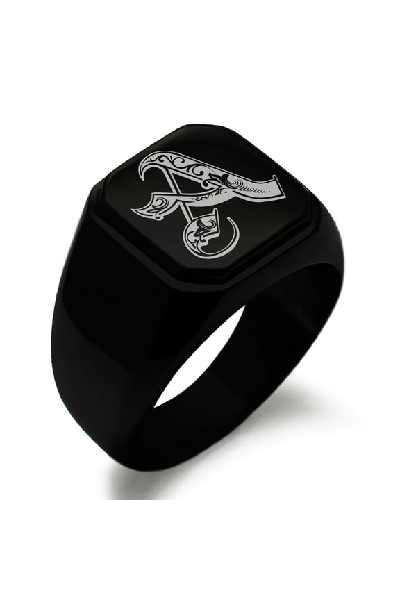 Stainless Steel Letter A Initial Royal Monogram Engraved Engraved Square Flat Top Biker Style Polished Signet Ring