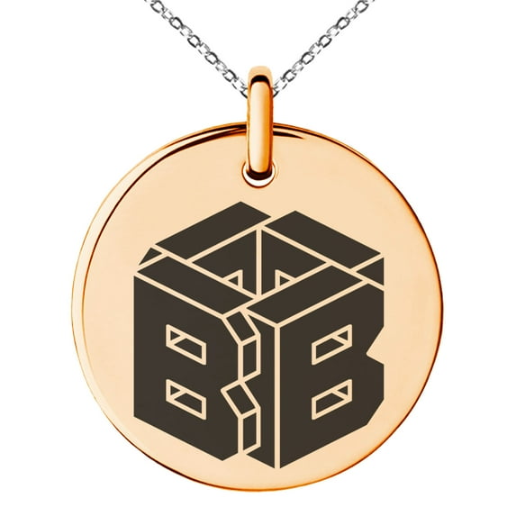 Stainless Steel Letter B Initial 3D Cube Box Monogram Engraved Small Medallion Circle Charm Pendant Necklace