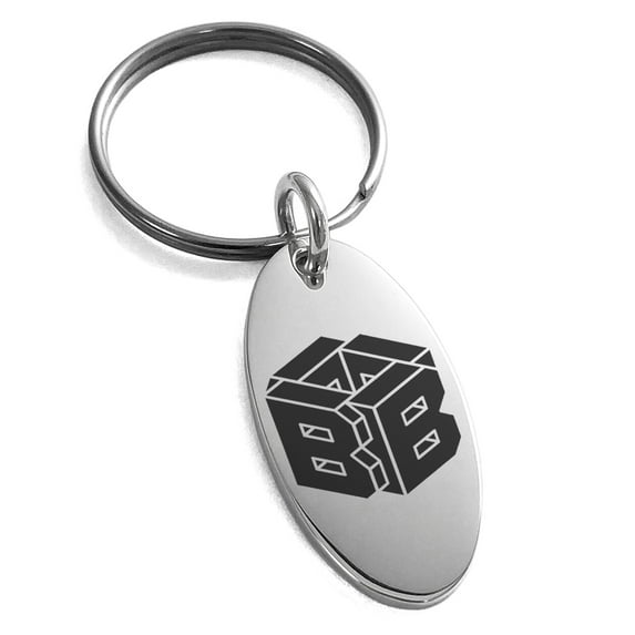 Stainless Steel Letter B Initial 3D Cube Box Monogram Engraved Small Oval Charm Keychain Keyring