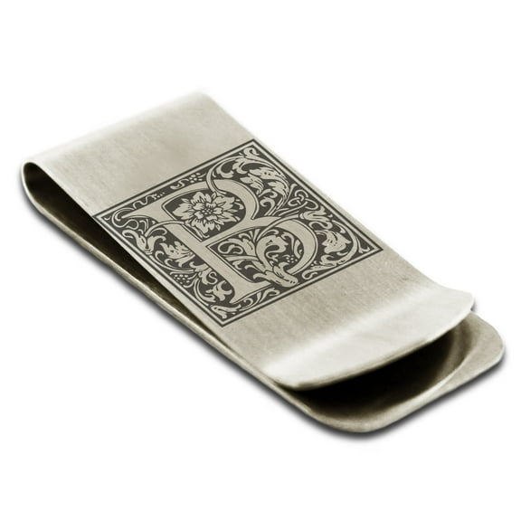 Tioneer Stainless Steel Letter B Initial Floral Box Monogram Engraved Engraved Money Clip Credit Card Holder