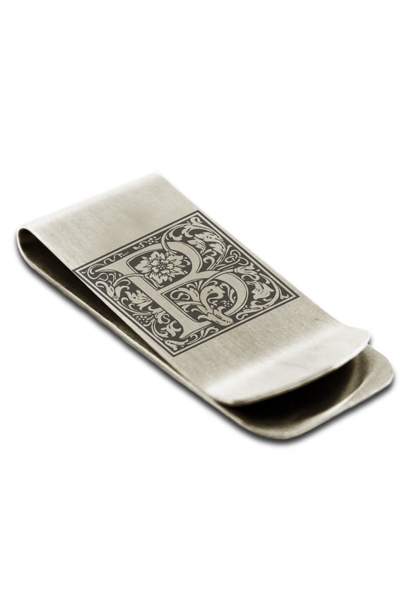 Stainless Steel Letter B Initial Floral Box Monogram Engraved Engraved Money Clip Credit Card Holder