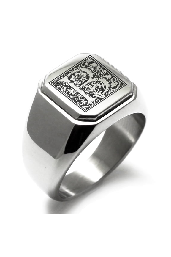 Stainless Steel Letter B Initial Floral Box Monogram Engraved Engraved Square Flat Top Biker Style Polished Signet Ring