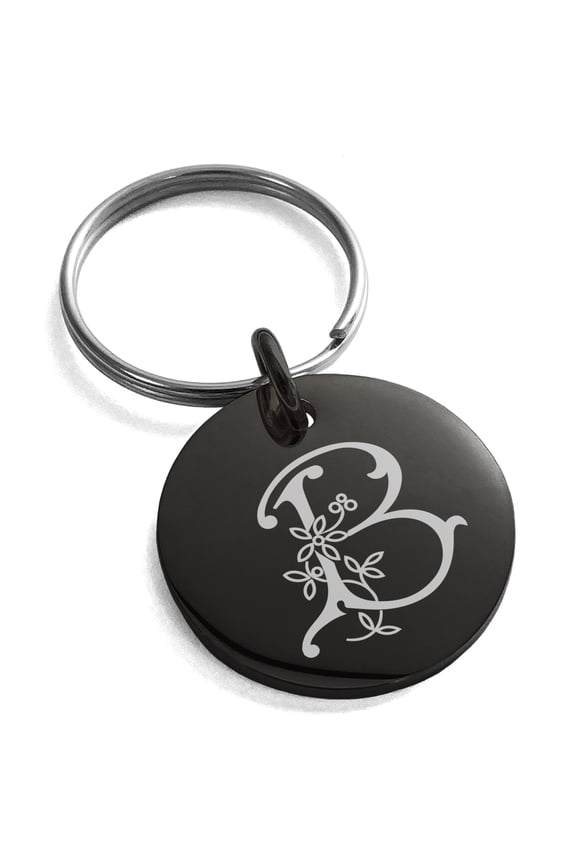 Stainless Steel Letter B Initial Floral Monogram Engraved Small Medallion Circle Charm Keychain Keyring