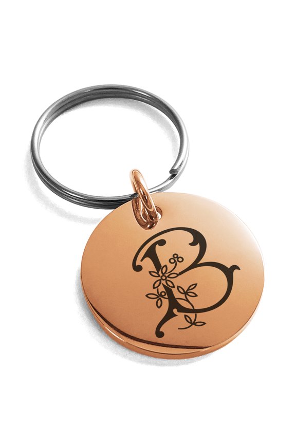 Stainless Steel Letter B Initial Floral Monogram Engraved Small Medallion Circle Charm Keychain Keyring