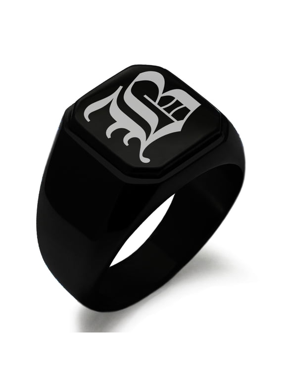 Stainless Steel Letter B Initial Old English Monogram Engraved Engraved Square Flat Top Biker Style Polished Signet Ring