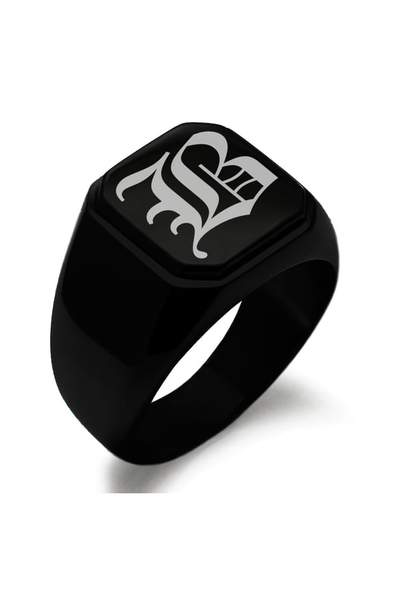 Stainless Steel Letter B Initial Old English Monogram Engraved Engraved Square Flat Top Biker Style Polished Signet Ring