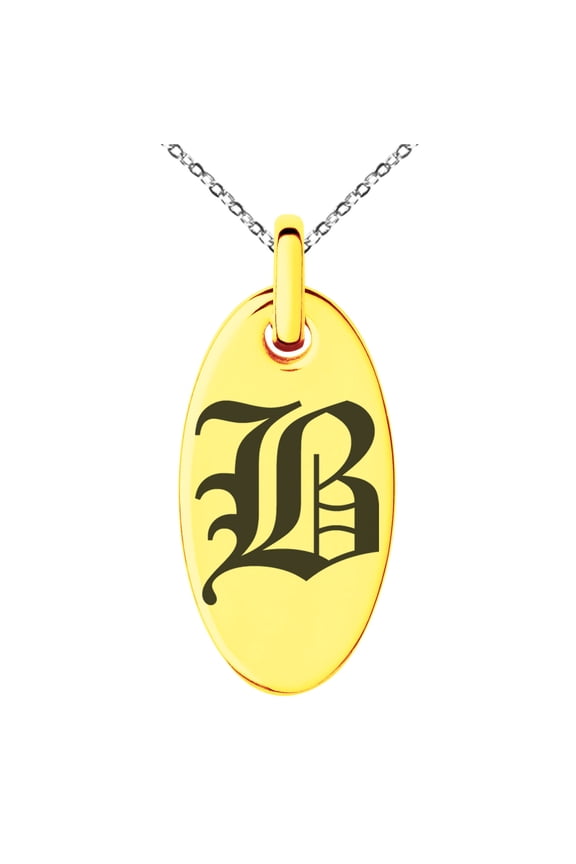Stainless Steel Letter B Initial Old English Monogram Engraved Small Oval Charm Pendant Necklace