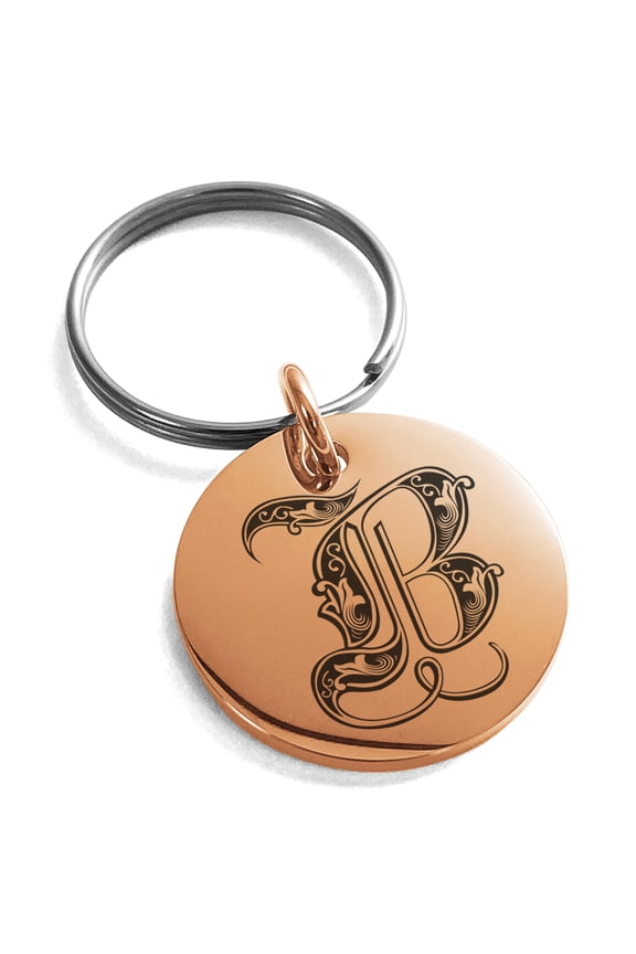 Stainless Steel Letter B Initial Royal Monogram Engraved Small Medallion Circle Charm Keychain Keyring