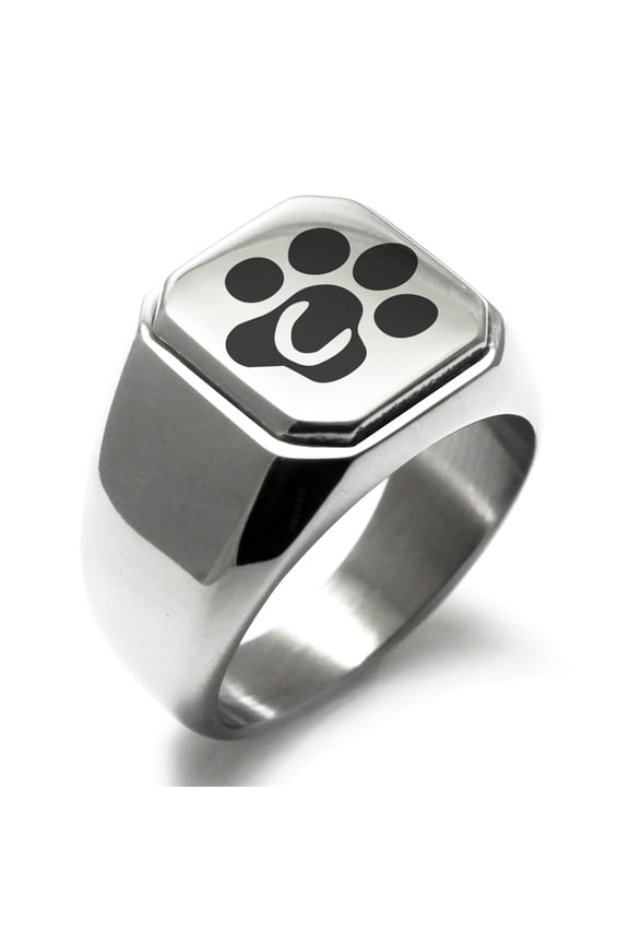 Stainless Steel Letter C Initial Cat Dog Paws Monogram Engraved Engraved Square Flat Top Biker Style Polished Signet Ring